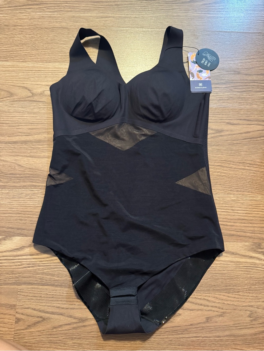 Honeylove Seamless Shaping Black Bodysuit with Light Mesh Panels